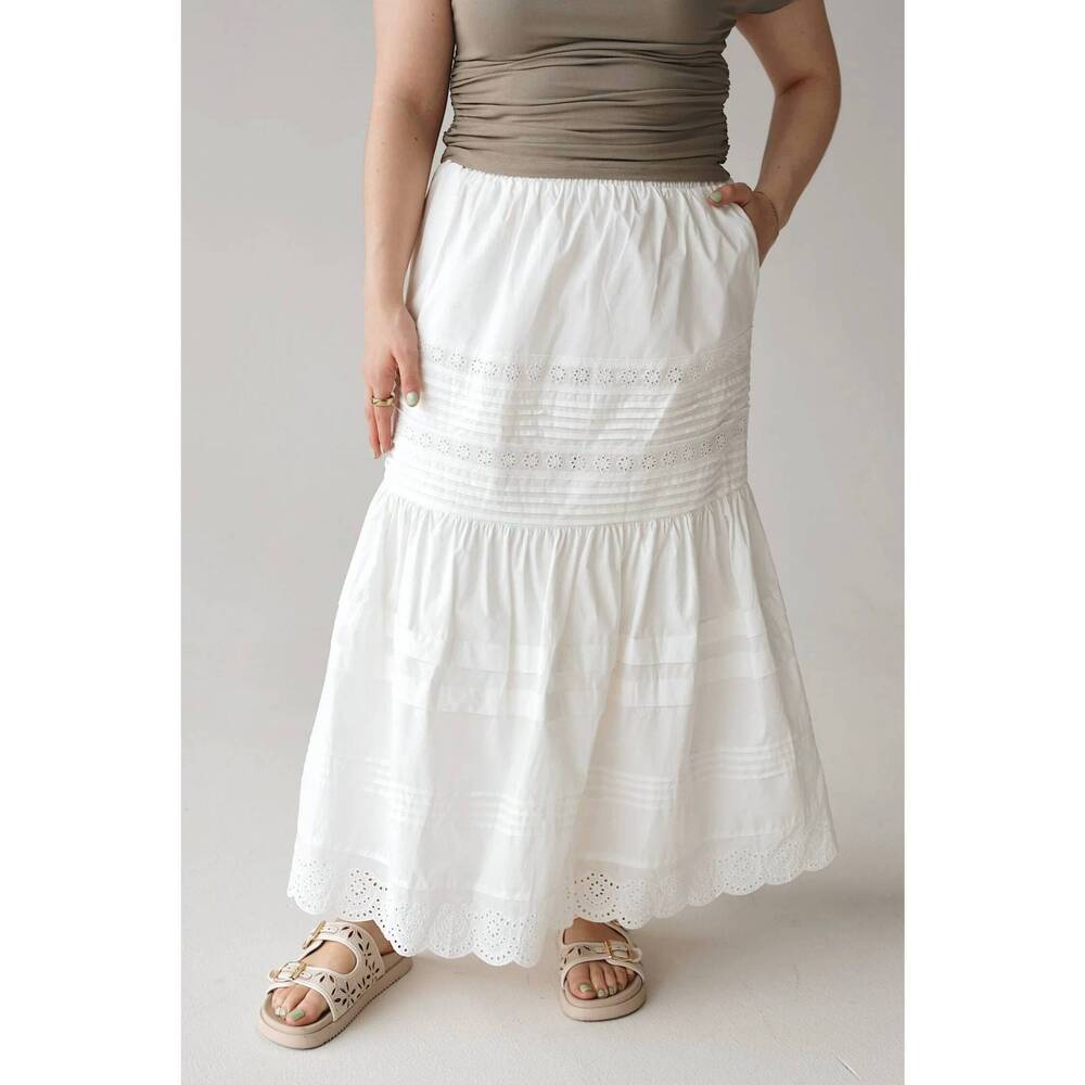 NEW LE LIS slow living eyelet tiered maxi skirt with pockets in white